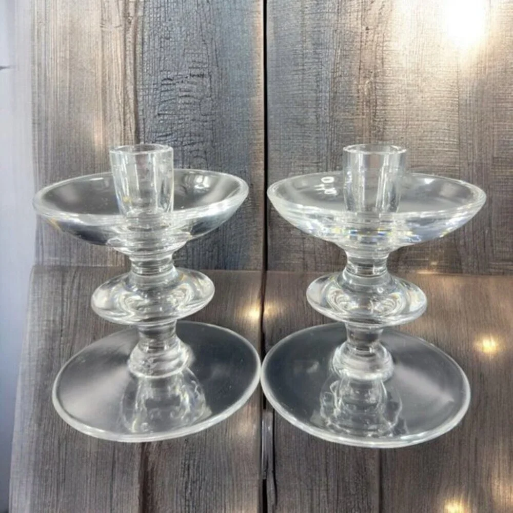 1950s‎ Val Saint Lambert Clear Glass Candlestick Holder Votive Set 2 Signed VTG